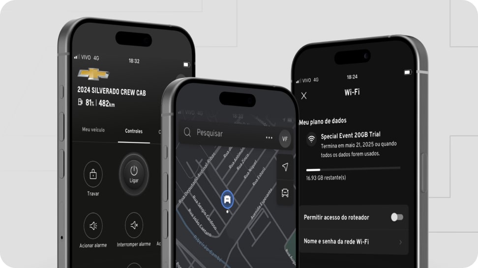 Vista de la app myChevrolet en un smartphone mostrando funciones de control del vehículo, navegación y conectividad Wi-Fi.